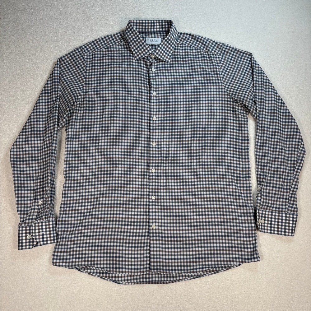 Eton Shirt Mens‎ 2XL / 46-18 Multicolor Gingham Plaid Contemporary Cotton Button